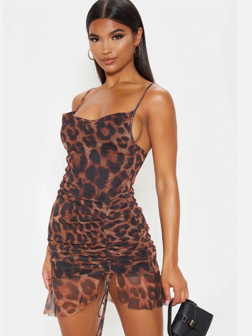 PrettyLittleThing Brown Leopard Print Cowl Neck Mini Dress